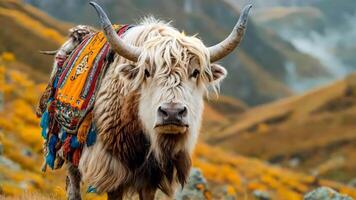 A yak with a colorful blanket on its back standing in a field video