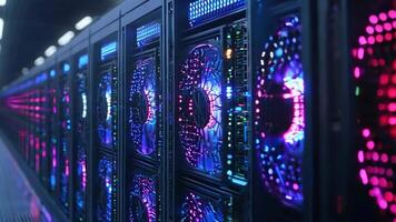 A row of servers in a data center with colorful lights video