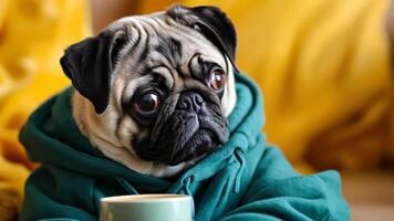 A pug dog wrapped in a green blanket holding a cup of coffee video