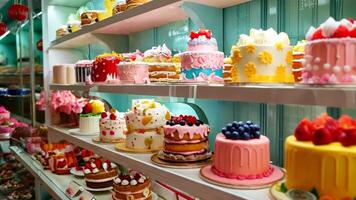 A display case filled with lots of different types of cakes video