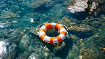 A life preserver floating in the clear water of a lake video