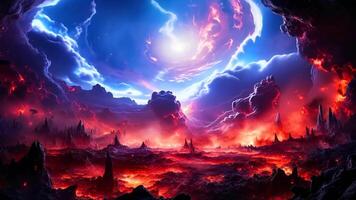 A painting of a red and blue sky with clouds and lava video