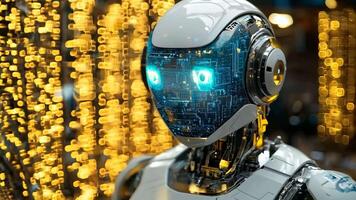 A robot with a futuristic face in front of a cityscape video