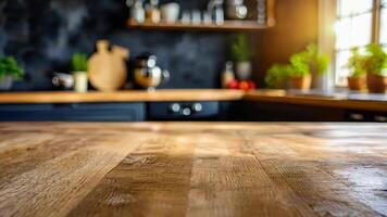 A wooden table top in a kitchen with a window in the background video