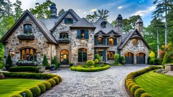 A large stone house with a driveway in front of it video