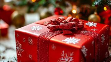 A red gift box sitting on top of a table next to a Christmas tree video