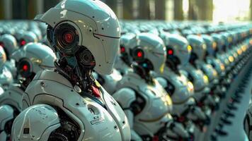 A group of robots standing in a row in a factory video