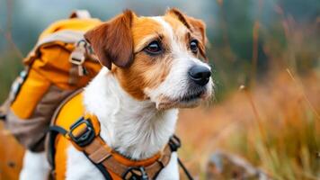 A small dog with a backpack on its back in a field video