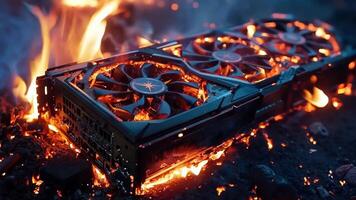 A computer graphics card sitting on top of a fire video