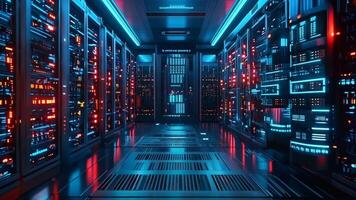 A server room filled with lots of servers in a data center video