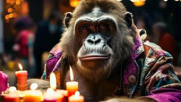 A gorilla sitting at a table with candles in front of him video