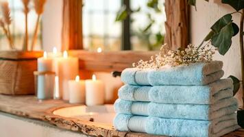 A stack of towels sitting on top of a wooden shelf next to a sink video