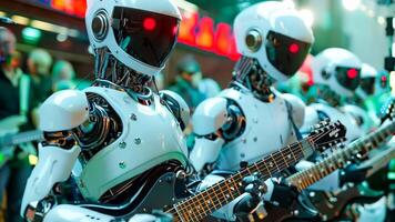 A group of robots playing guitars in front of a crowd video