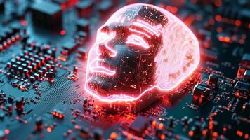 A computer circuit board with a glowing head on top of it video