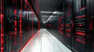 A long hallway in a server room with rows of servers video