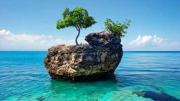 A lone tree on a rock in the middle of the ocean video