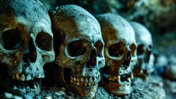 A group of skulls with missing teeth, arranged in a row video