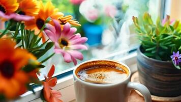 A cup of coffee sitting on a window sill next to a vase of flowers video