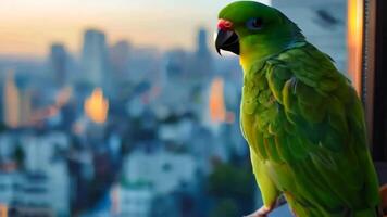 A green parrot sitting on a window sill with a city in the background video