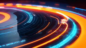 A close up of a futuristic interface with a blue and orange light video