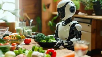 A robot sitting at a table with a bowl of vegetables video