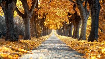 A tree lined road in the middle of a forest covered in yellow leaves video