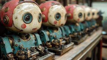 A row of old robots sitting on top of a table video