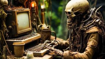 A skeleton sitting at a desk with a computer and a keyboard video