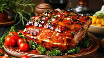 A large piece of ham on a wooden platter with vegetables on a table video