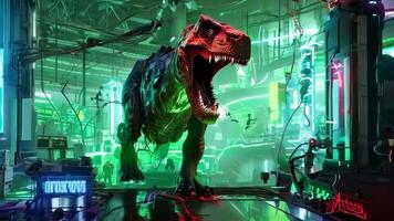 A large dinosaur with a red light on its head in a factory video