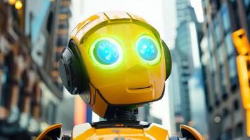 A yellow robot with green eyes standing in the middle of a city video
