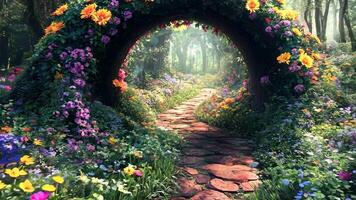 A garden with flowers and a stone path in the middle of it video