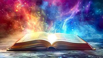 An open book with a colorful nebula in the background video