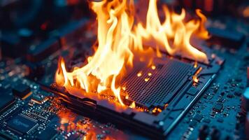 uma fechar acima do uma computador placa mãe com uma fogo em isto video