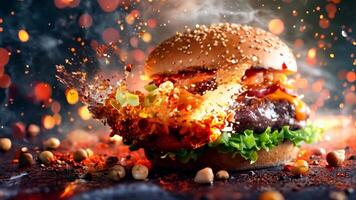 A hamburger with flames coming out of it on a table video