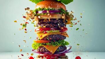 A large hamburger with a lot of toppings falling out of it video