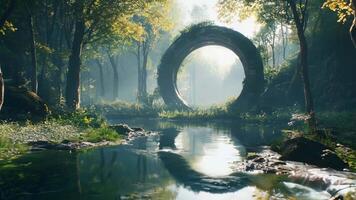 en skog scen med en bro över en ström i de mitten av den video