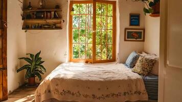 une chambre avec une lit et une fenêtre avec une vue video