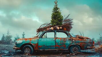 A rusty old car with a tree on top of it video