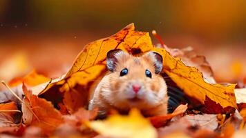 A hamster peeking out from behind a pile of leaves video