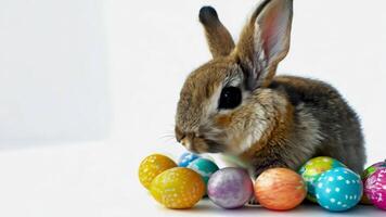 A rabbit sitting next to a pile of colorful easter eggs video