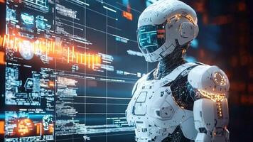 A robot standing in front of a computer screen video