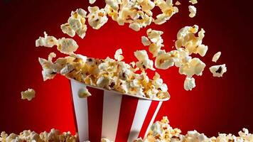 Popcorn falling into a bucket of popcorn on a red background video