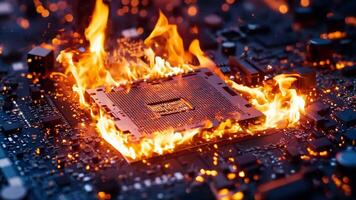 uma computador placa mãe em fogo com uma CPU em topo do isto video