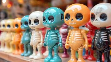 A row of colorful skeletons sitting on top of a wooden shelf video
