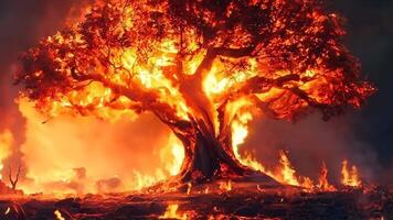 A large tree in the middle of a fire video