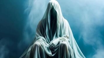 un estatua de un persona en un blanco túnica sentado en un rock video
