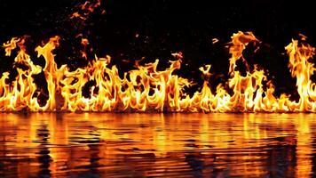 A fire is burning in the dark with a reflection in the water video