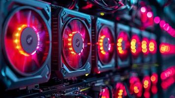 A row of computer cases with red and blue lights on them video