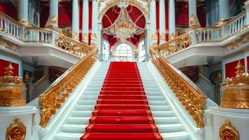 A red carpeted staircase in a building with a chandelier and chandeliers video